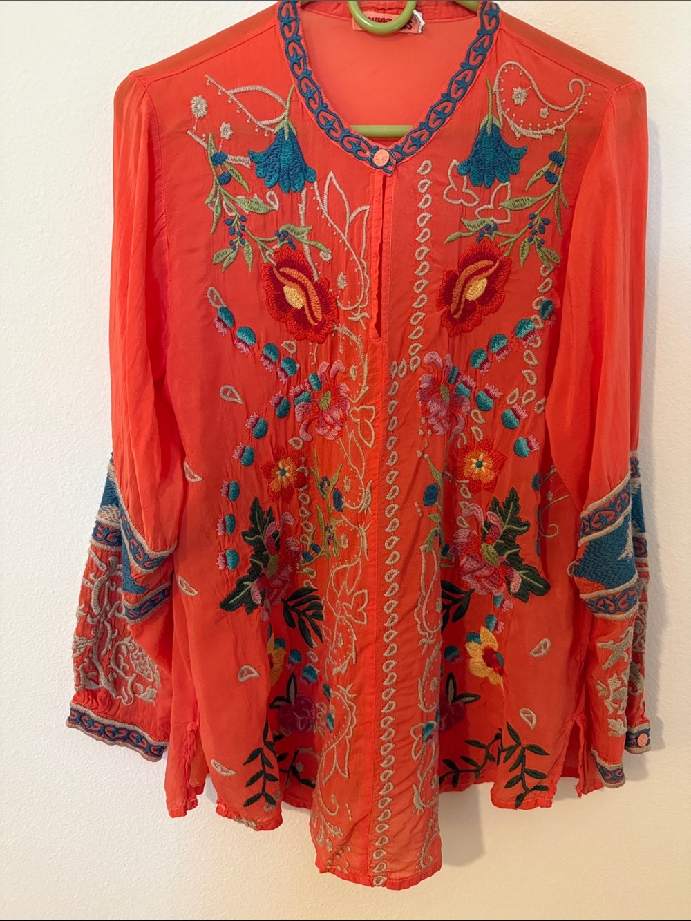 Johnny Was Coral / Orange Embroidered Boho Tunic